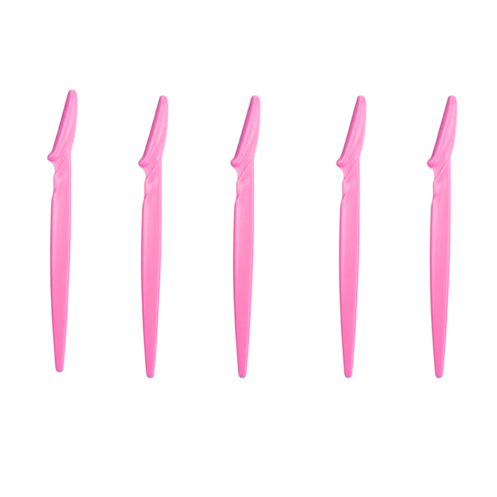 A set of five eyebrow razors in pink aligned horizontally to showcase their uniform design and size. Display on white background.