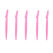 A set of five eyebrow razors in pink aligned horizontally to showcase their uniform design and size. Display on white background.