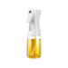 A close-up image of a white oil spray bottle filled with oil, against a white background.