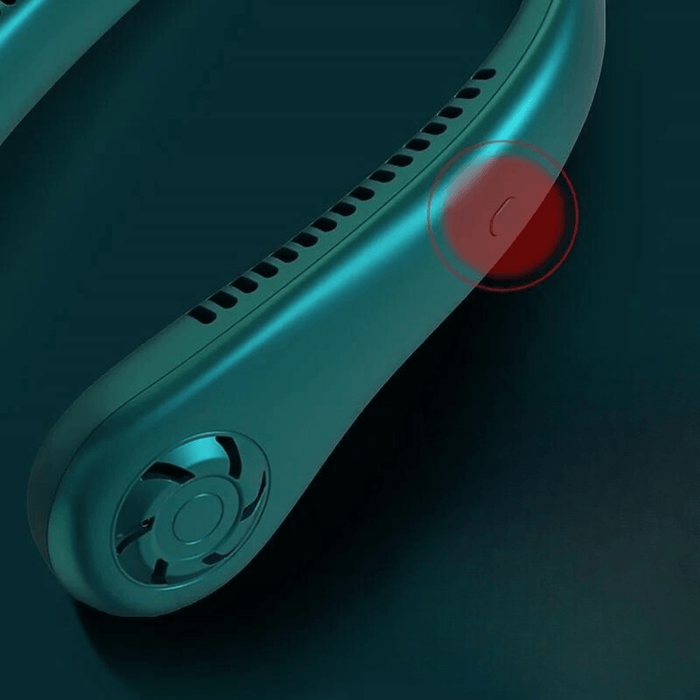 a close-up of a green portable neck fan, focusing on its button and vent design against a dark background.