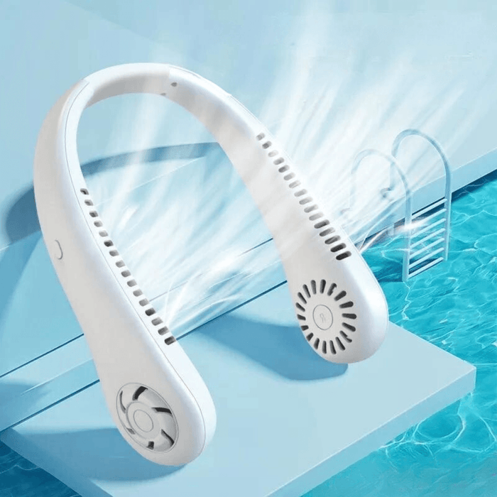 a white portable neck fan placed by a pool, demonstrating its cooling effect with visible airflow.