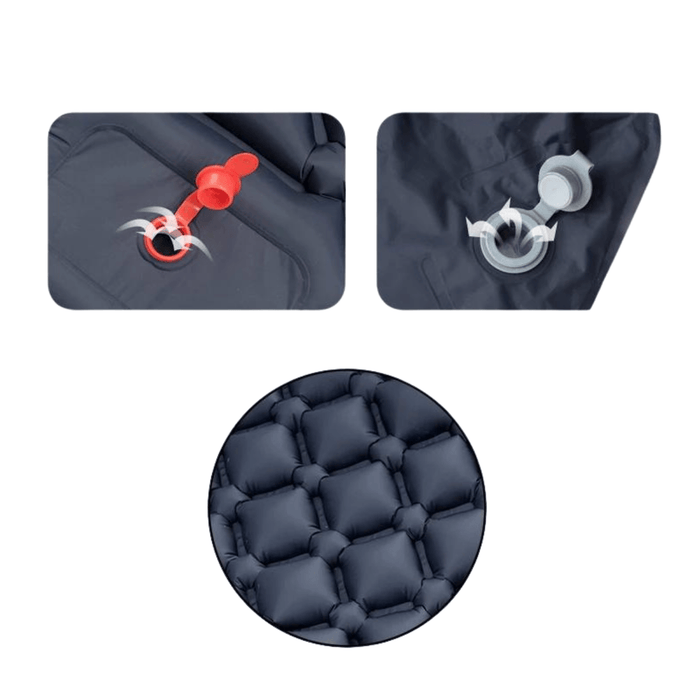 Close-up views of the valve system on the inflatable camping mattress. The red valve is designed for easy inflation and deflation. The image also includes a detailed view of the mattress's quilted texture.