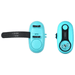 Two views of the turquoise fishing line counter: one showing the device with the adjustable strap for securing it to a fishing rod, and the other displaying the front face with the line guide and controls.