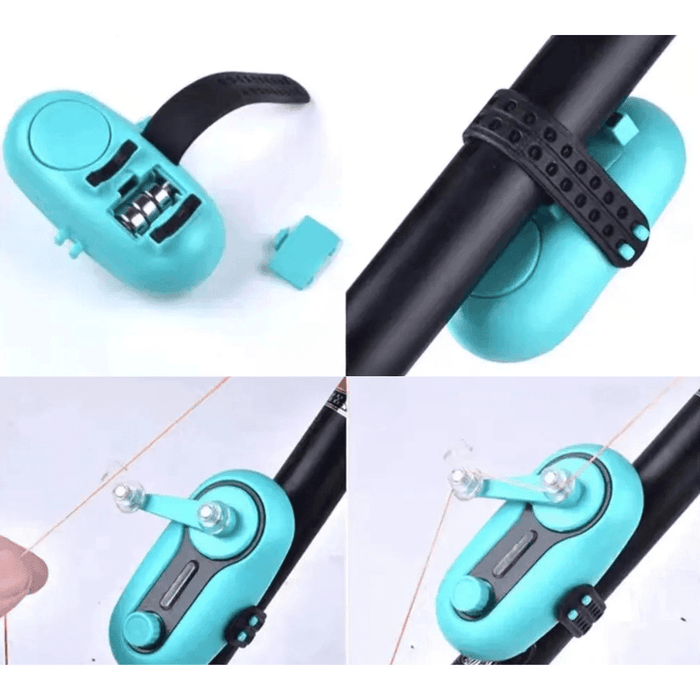 A turquoise electronic fishing line counter attached to a fishing rod, shown in different angles and positions, demonstrating how it secures to the rod and interacts with the fishing line.