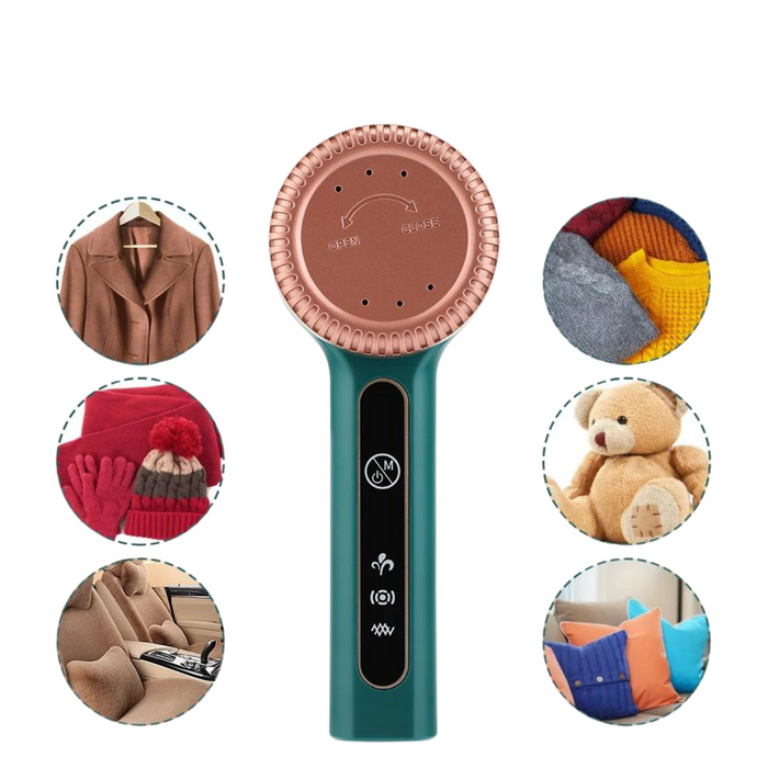 A green lint remover with a copper-colored cap, shown with various fabric items such as a coat, gloves, sweater, teddy bear, and cushions to indicate its use. The background of the image is white.