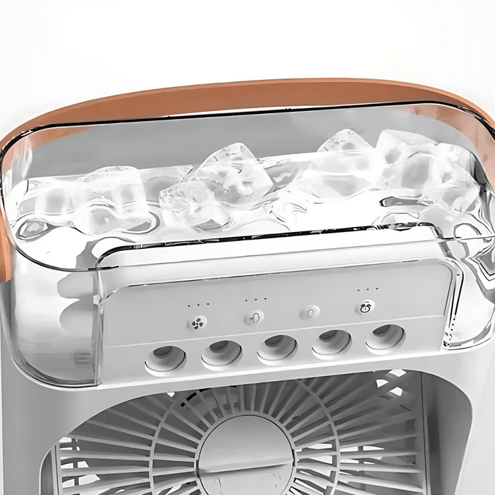 Close-up of the fan's top section filled with ice cubes, highlighting the control panel and transparent ice compartment.