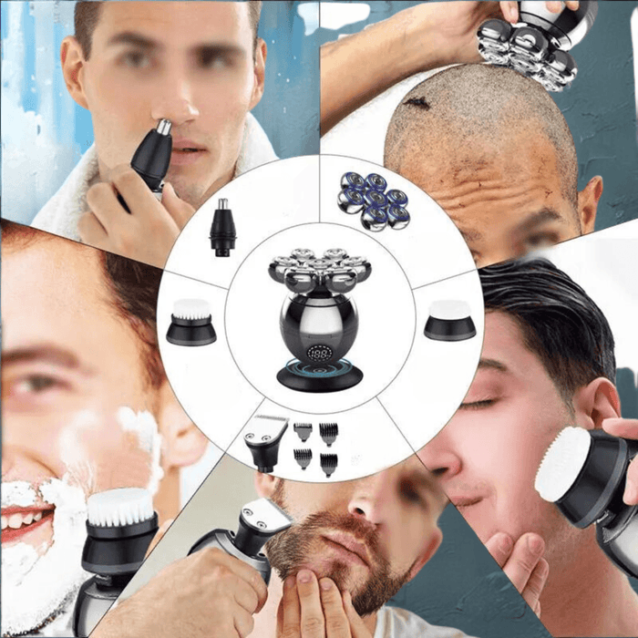 Collage showcases a multi-functional trimmer being used for various grooming tasks, including trimming nose hair, shaving the head, and facial grooming. The central image displays the trimmer with several attachments, including a nose trimmer, brush, and different shaving heads.