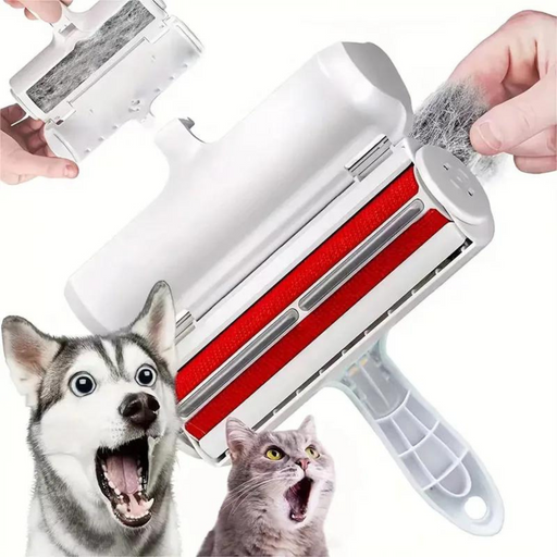 A close-up of a lint roller with a red adhesive surface being cleaned, shown alongside a surprised husky and a cat. The background of the image is white.