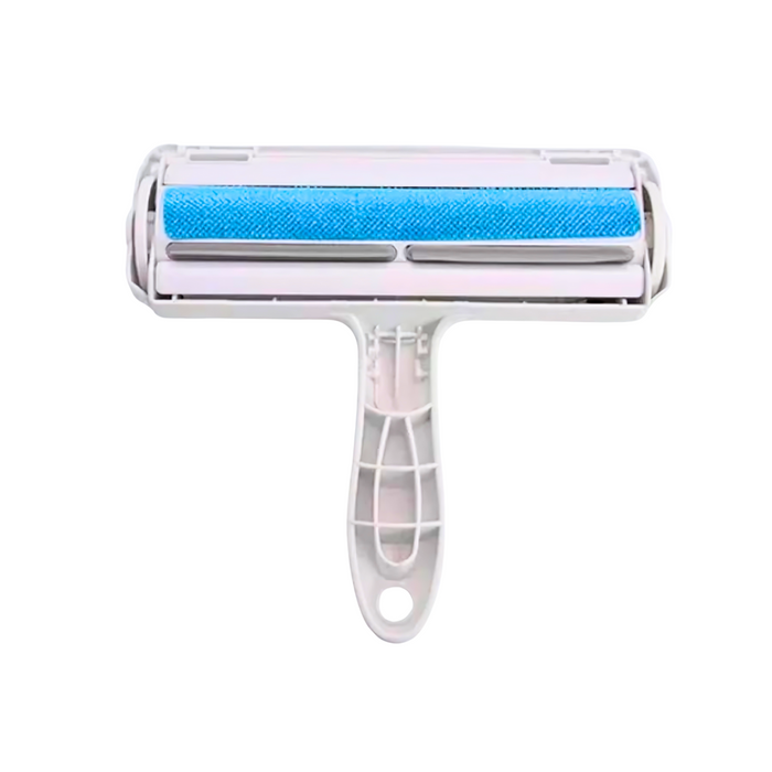 A lint roller with a blue adhesive surface and a white plastic handle. The background of the image is white.