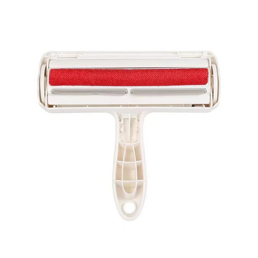 A lint roller with a red adhesive surface and a white plastic handle. The background of the image is white.