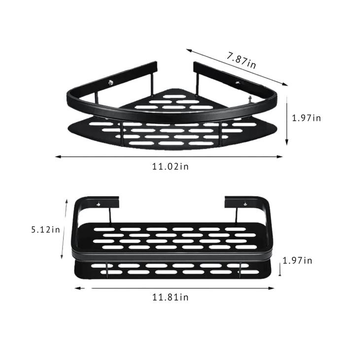 Dimensions of two black wall-mounted shelves. The corner shelf measures 11.02 inches by 7.87 inches by 1.97 inches. The rectangular shelf measures 11.81 inches by 5.12 inches by 1.97 inches. The background of the image is white.