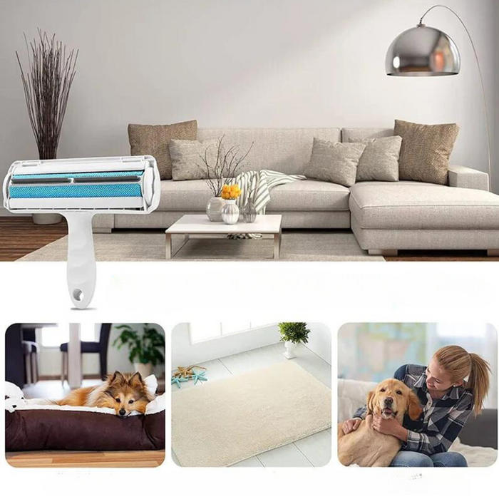  A lint roller with a blue adhesive surface shown in a living room setting, with images of a dog in a bed, a clean carpet, and a woman hugging a dog, indicating its use for pet hair removal. The background of the image is a home interior.