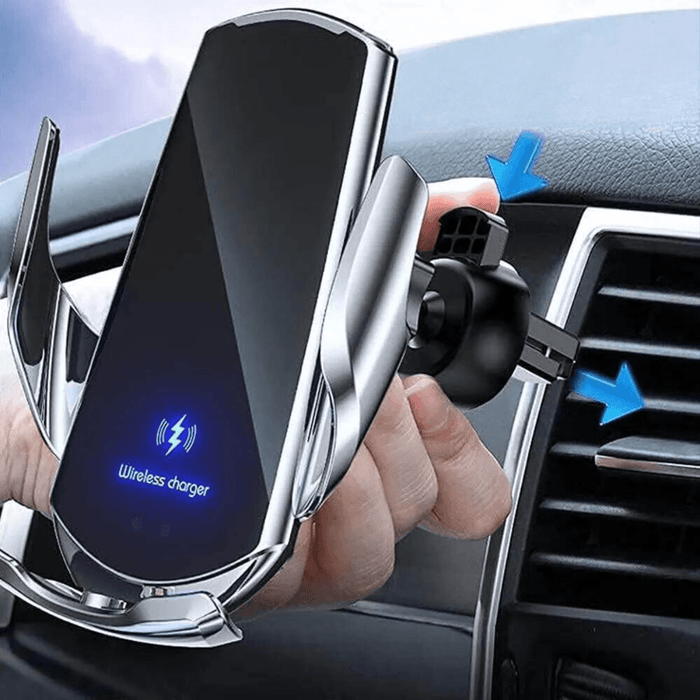 A wireless phone charger being attached to a car air vent, highlighting its easy installation.