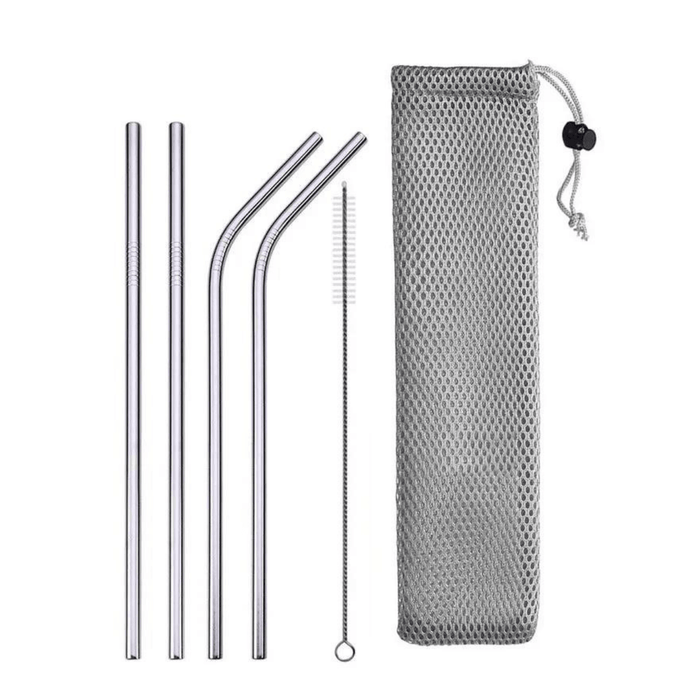 Set of four metal straws with a cleaning brush and a storage pouch.