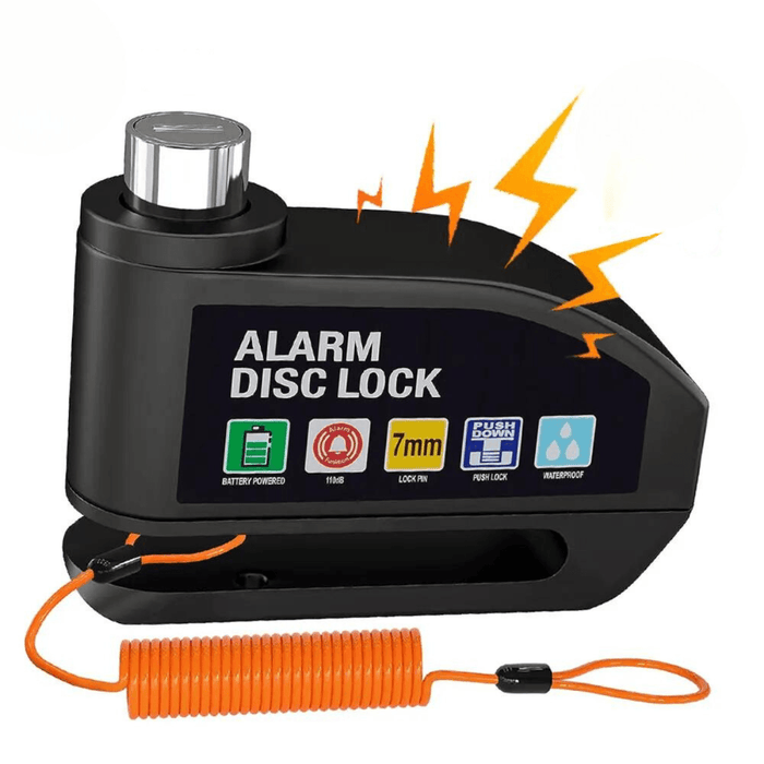 A close-up of a black alarm disc lock with an orange coiled cable attached, emitting alarm signals represented by yellow zigzag lines.