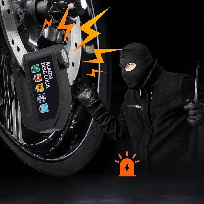 An illustration showing a masked person trying to tamper with a bike secured by a black alarm disc lock that is emitting alarm signals.