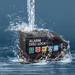 A black alarm disc lock being splashed with water, demonstrating its waterproof feature.