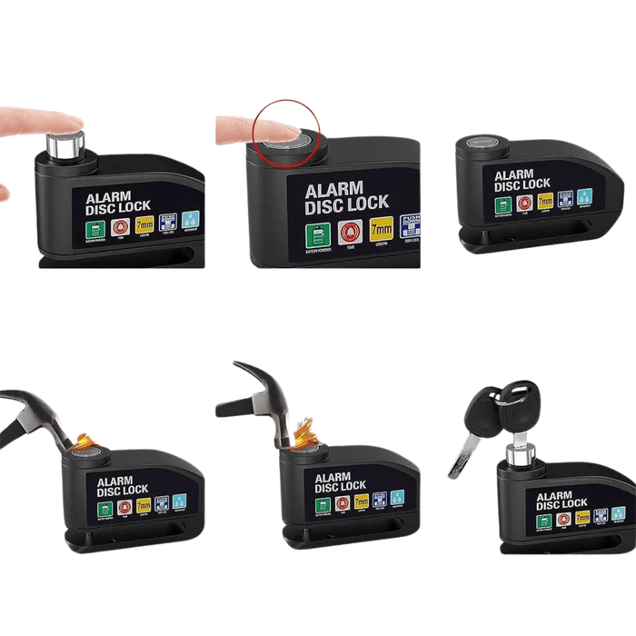 A series of images showing the operation of a black alarm disc lock, including pressing the lock button, the locked position, inserting the key, and unlocking the mechanism.