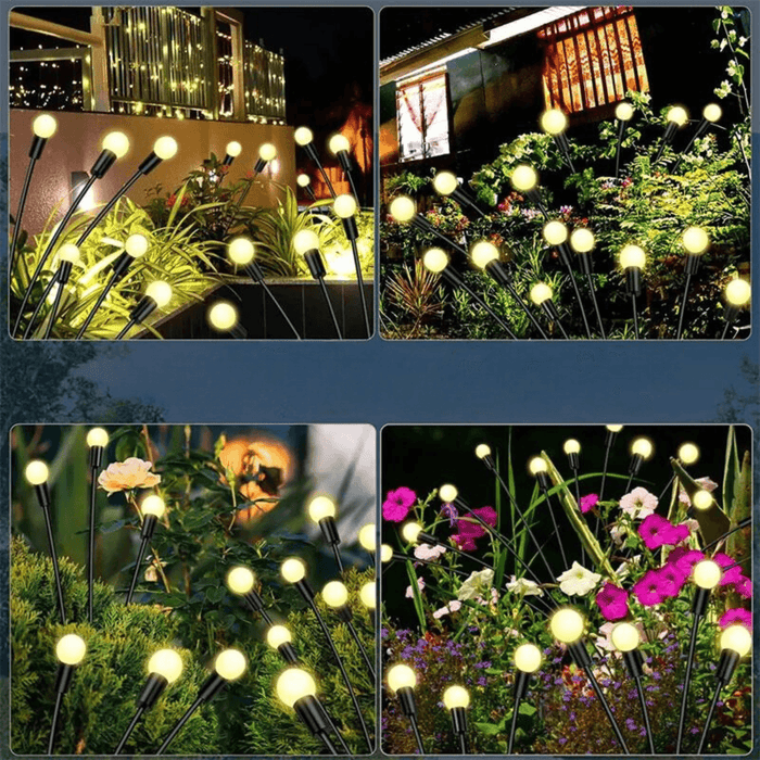 Multiple images of solar-powered garden lights glowing with warm white light in different garden settings, showcasing their decorative use in various outdoor environments.