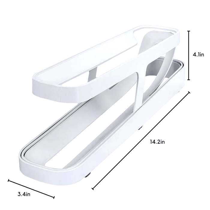 A white egg holder with dimensions labeled: 14.2 inches in length, 3.4 inches in width, and 4.1 inches in height. The background of the image is white.