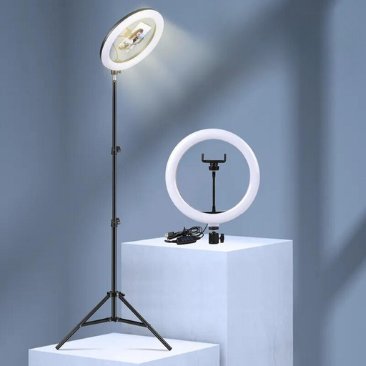 the ring light detached from the stand, along with the power cord and remote control. It provides a clear view of the light itself, emphasizing the ease of assembly and portability.