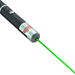 A close-up of a black laser pointer emitting a bright green laser beam.