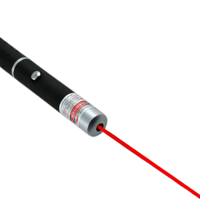 A close-up of a black laser pointer emitting a bright red laser beam.