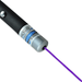 A close-up of a black laser pointer emitting a bright blue laser beam.