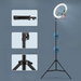 a ring light mounted on an adjustable tripod stand. The stand includes close-up insets highlighting the adjustable sections and the locking mechanisms. The ring light is shown with a smartphone attached in the center, perfect for hands-free filming or photography.