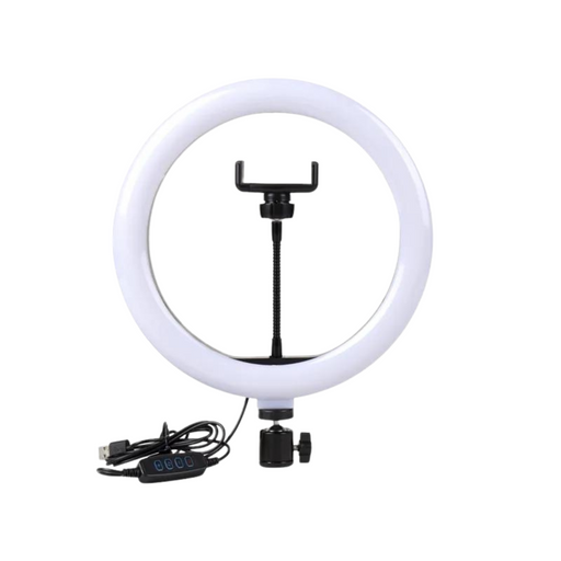 a ring light with a cable and a phone holder.