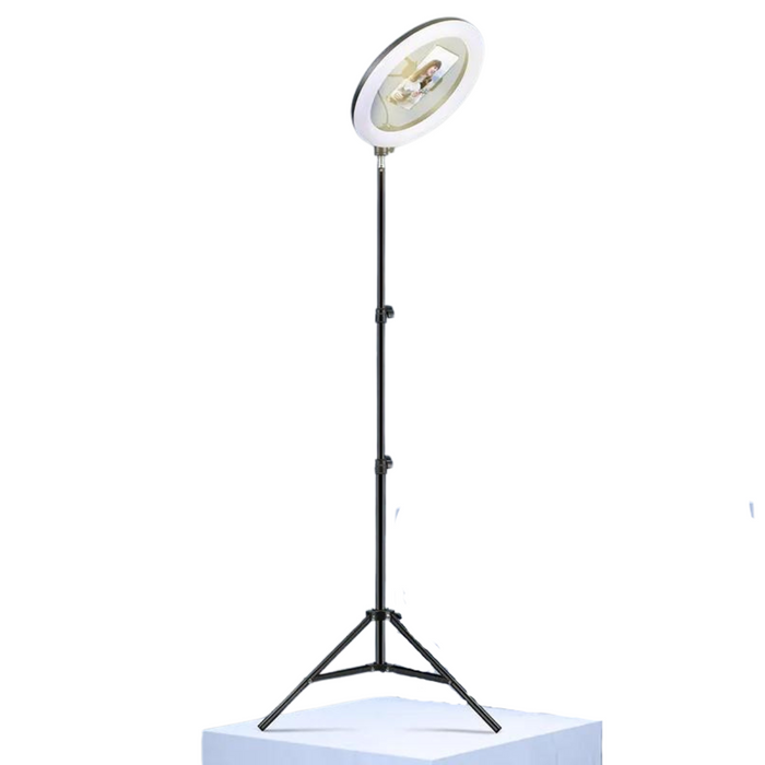 ring light mounted on its tripod stand, demonstrating its height and flexibility. 