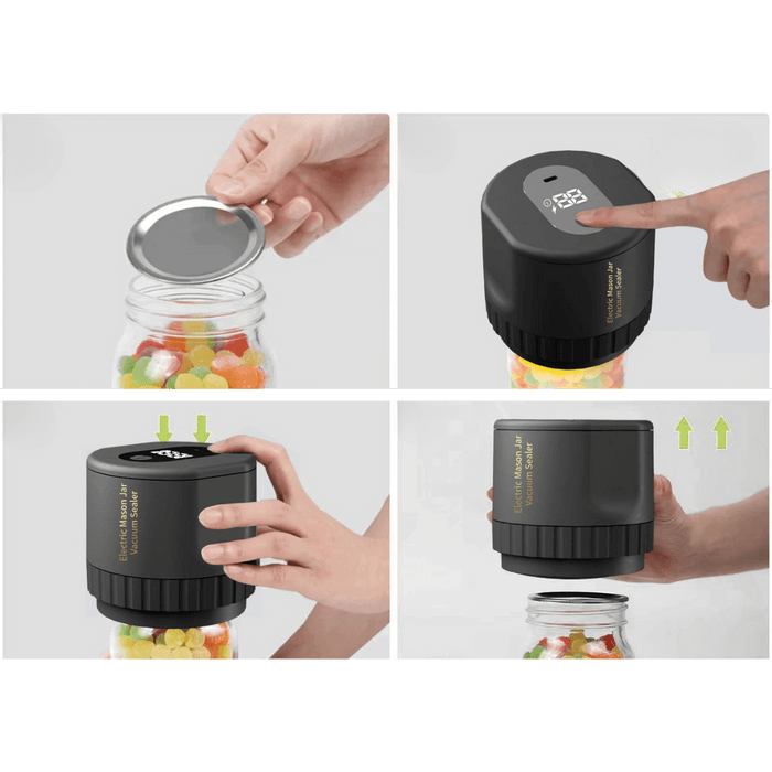 Steps showing how to use an electric vacuum sealer on a mason jar filled with candies.