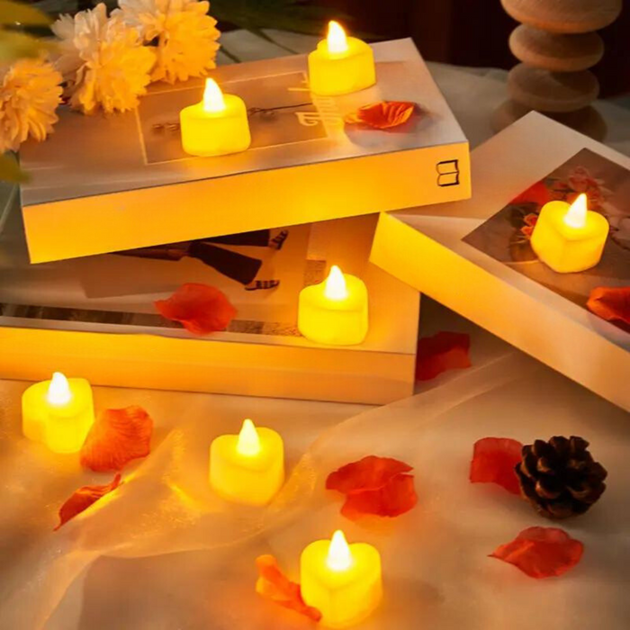 Warm yellow LED tea light candles enhance a cozy and romantic ambiance.