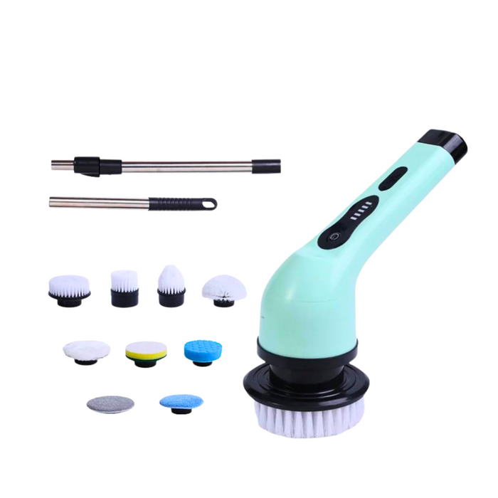 A mint green electric cleaning brush with an extended handle, accompanied by nine brush heads and a round scrubber pad, displayed on a white background.