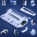 An exploded view of a PlayStation 5 cooling and charging dock, detailing its various components and functionalities. It illustrates how each part assembles to offer a complete solution for cooling, charging controllers, and storing games, emphasizing its utility and compact design for gamers.