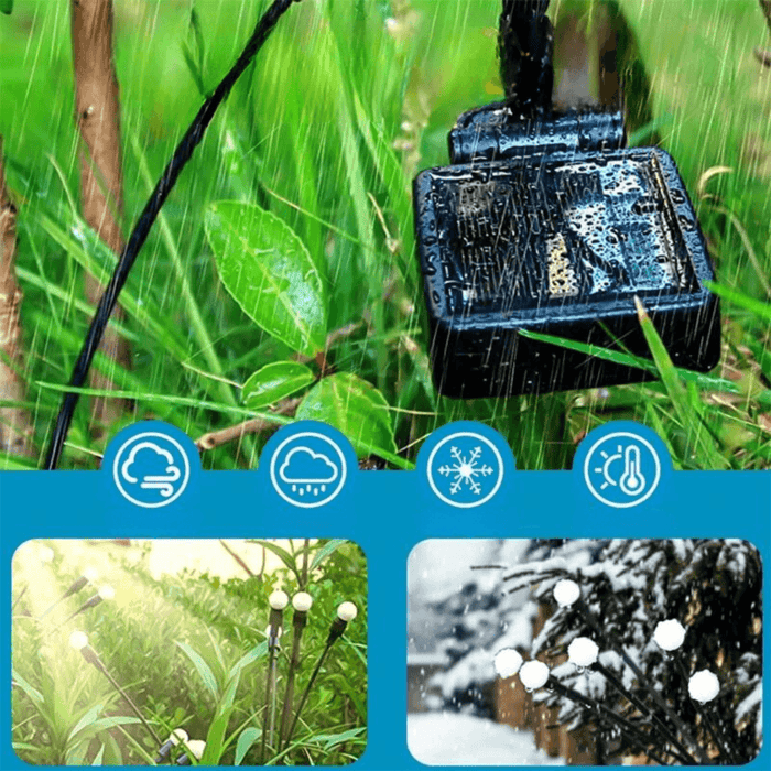 Close-up of a solar panel connected to the garden lights in the rain, highlighting its weather-resistant feature. Below are three smaller images showing the lights functioning in various weather conditions: rain, snow, and sun.