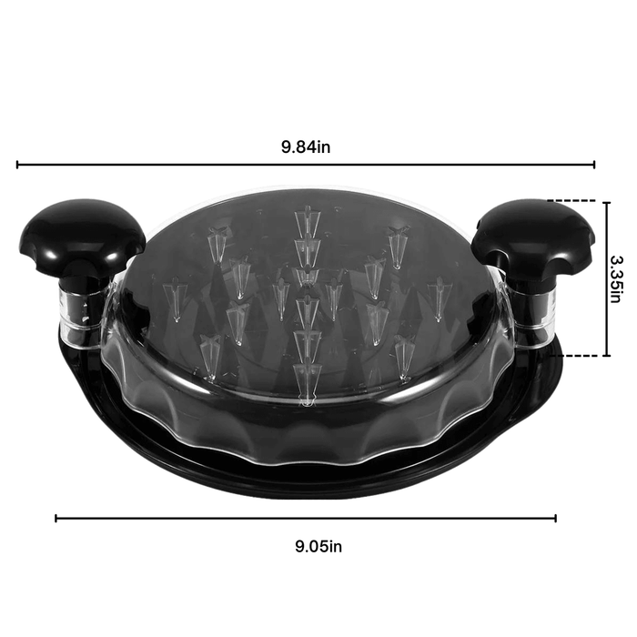 Black chicken shredder with dimensions of 9.84 inches full width including turning handles, 9.05 inches width without handles, and a total height of 3.35 inches. Display on a white background.