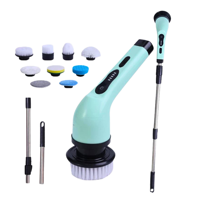 A mint green electric cleaning brush with an extended handle, accompanied by nine brush heads and attachments, displayed on a white background.