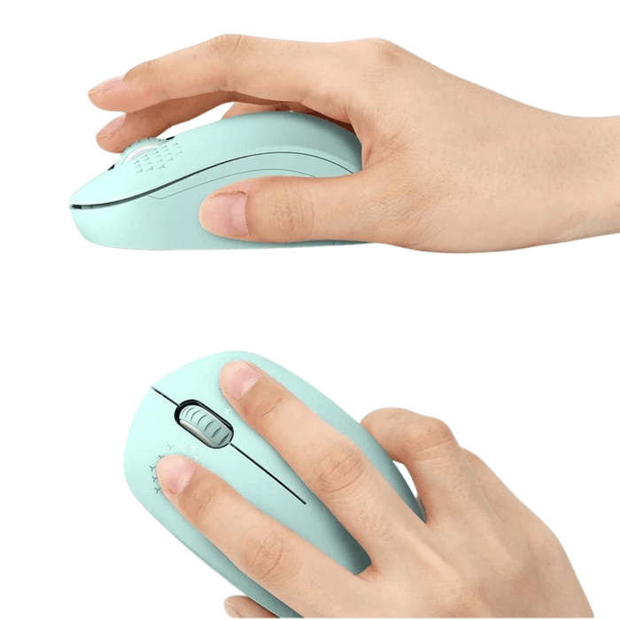  Hands holding a mint green wireless mouse in different positions, displayed on a white background.