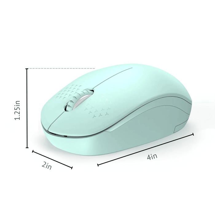 A mint green wireless mouse with dimensions labeled as 4 inches in length, 2 inches in width, and 1.25 inches in height, displayed on a white background.