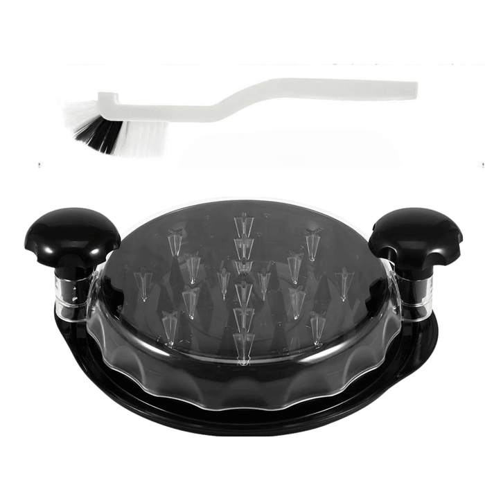 Black chicken shredder with a white cleaning brush for the shredder. Display on a white background.