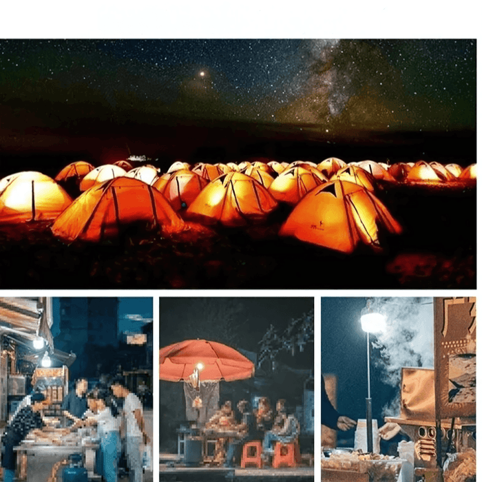 A collage showing a campsite with many lit tents under a starry sky, a group of people at an outdoor market, another group dining under an umbrella at night, and a lit lantern on a pole.