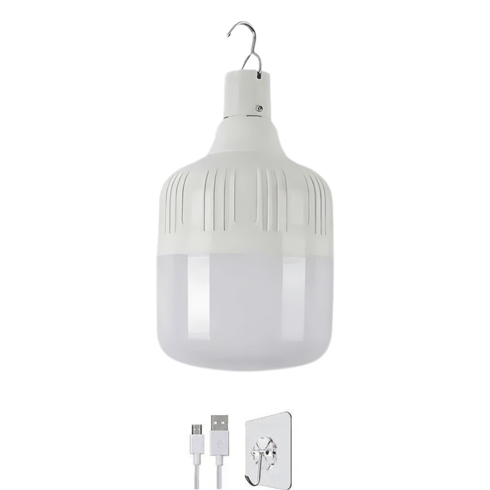 The white LED camping lantern with included USB charging cable and wall hook.