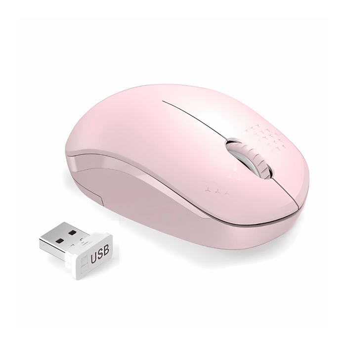 A pink wireless mouse with a USB receiver placed next to it, displayed on a white background.