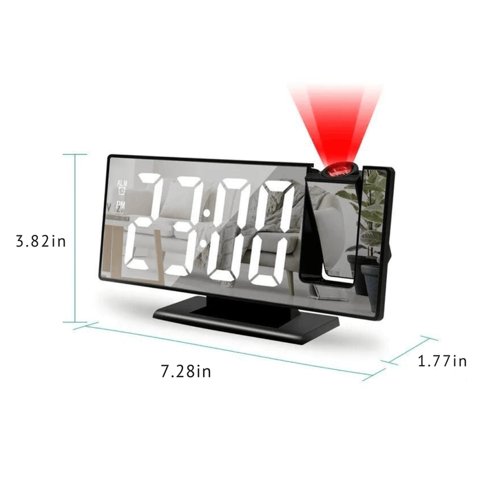 A digital alarm clock with a projector, showing dimensions of 7.28 inches in length, 3.82 inches in height, and 1.77 inches in width, displaying the time 23:00 in white digits, displayed on a white background.