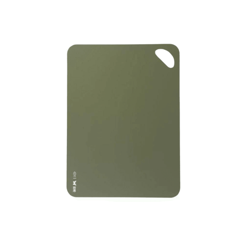 Solid olive green cutting board made of durable material, featuring a simple rectangular shape with a rounded hole for easy handling and storage.