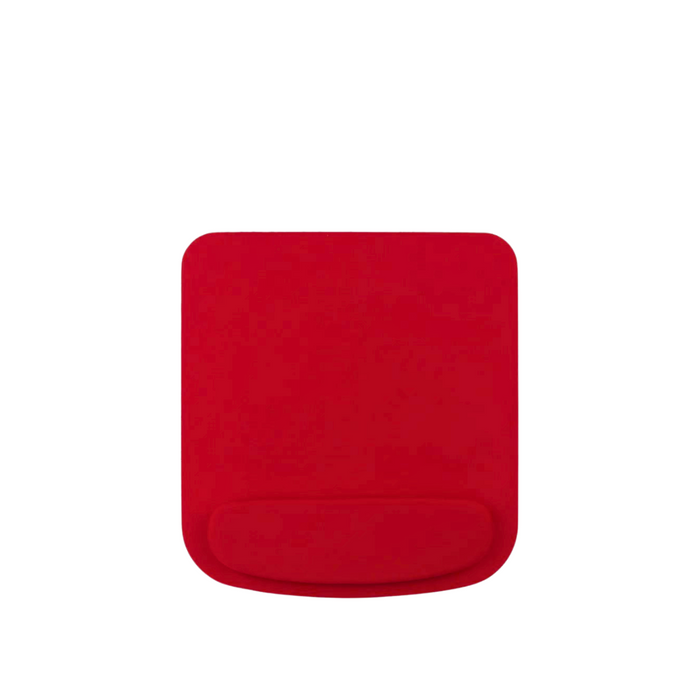 A red ergonomic mouse pad with wrist rest, displayed on a white background.