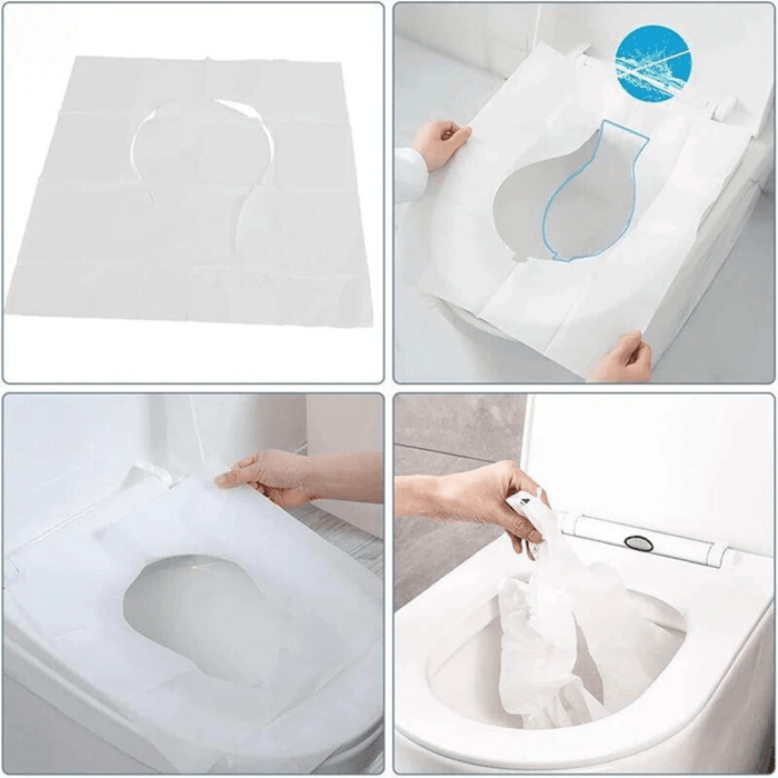 Sequence of images showing the usage of a disposable toilet seat cover: unfolding the cover, aligning it over the toilet seat with a blue outline for guidance, placing it on the toilet, and finally, the removal process, all set in clean, white bathroom settings.