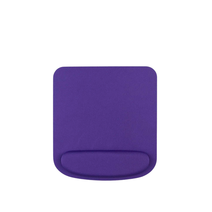 A purple ergonomic mouse pad with wrist rest, displayed on a white background.