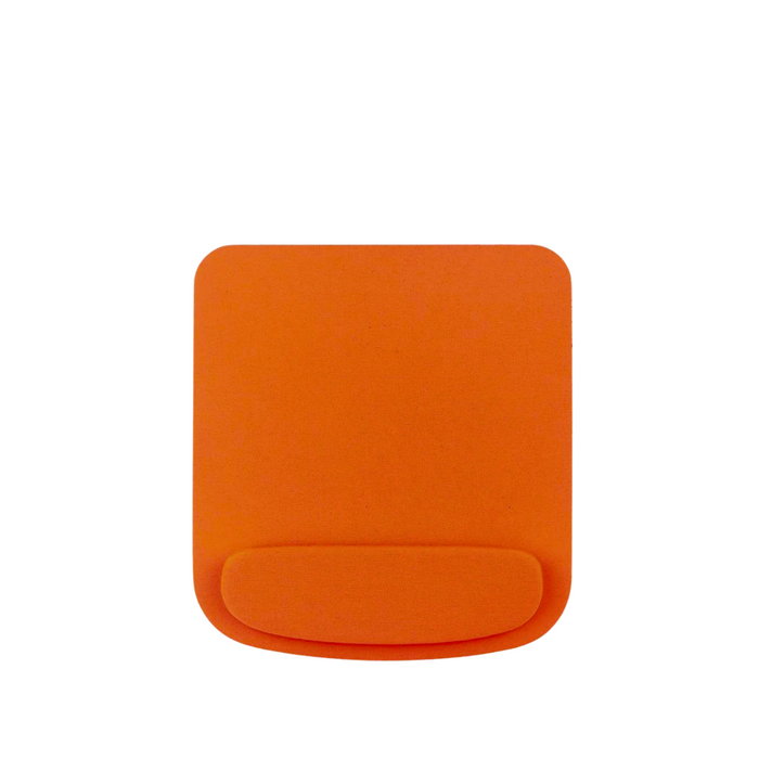 A orange ergonomic mouse pad with wrist rest, displayed on a white background.